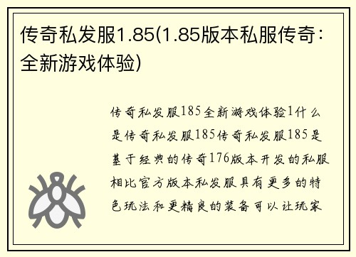 传奇私发服1.85(1.85版本私服传奇：全新游戏体验)